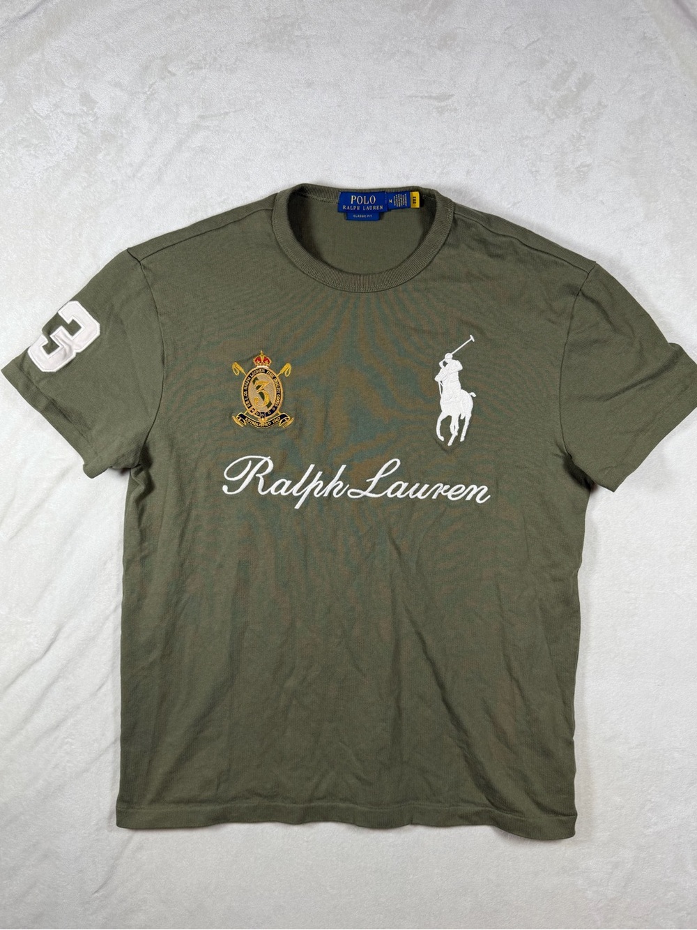 Polo Ralph Lauren Olive Green Crew Tee with White Logo & Gold Crest